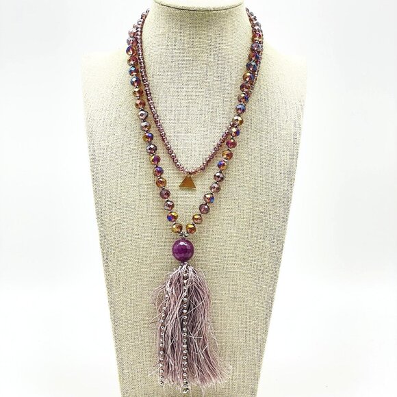 SEREFINA Beaded Tassel Necklace Purple Crystal Beads Long Boho Statement Jewelry - Picture 1 of 7